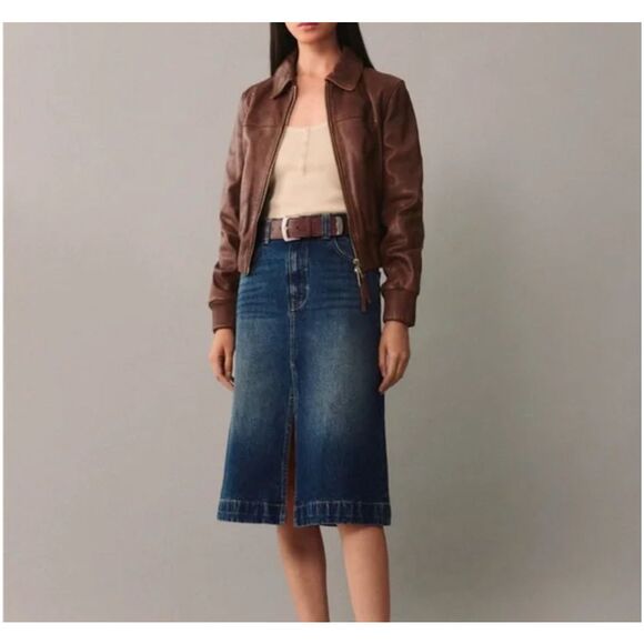 Mango MNG $240 Brown 100% Leather Jacket bomber coat women's medium NWT - Picture 3 of 13